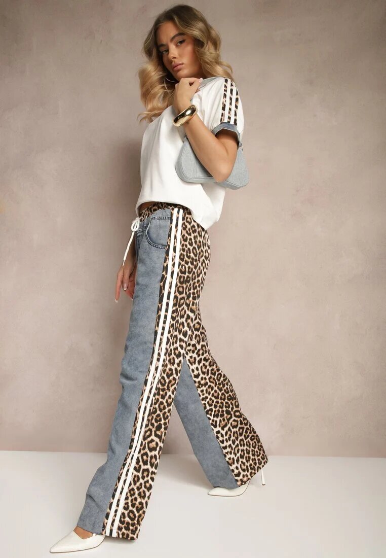  Set de Trening Alb din Bumbac cu Pantaloni și Bluză cu Imprimeu Leopard și Lampasuri Eltebira