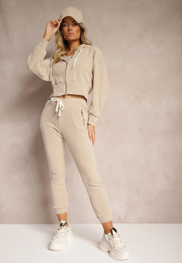 Set de trening bej închis cu adaos de bumbac pantaloni cu elastic în talie bluză cu glugă Sesaria