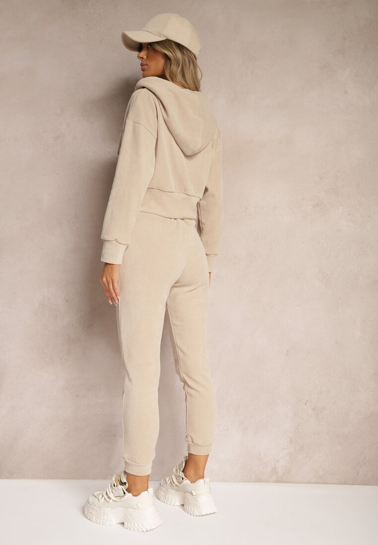  Set de trening bej închis cu adaos de bumbac pantaloni cu elastic în talie bluză cu glugă Sesaria