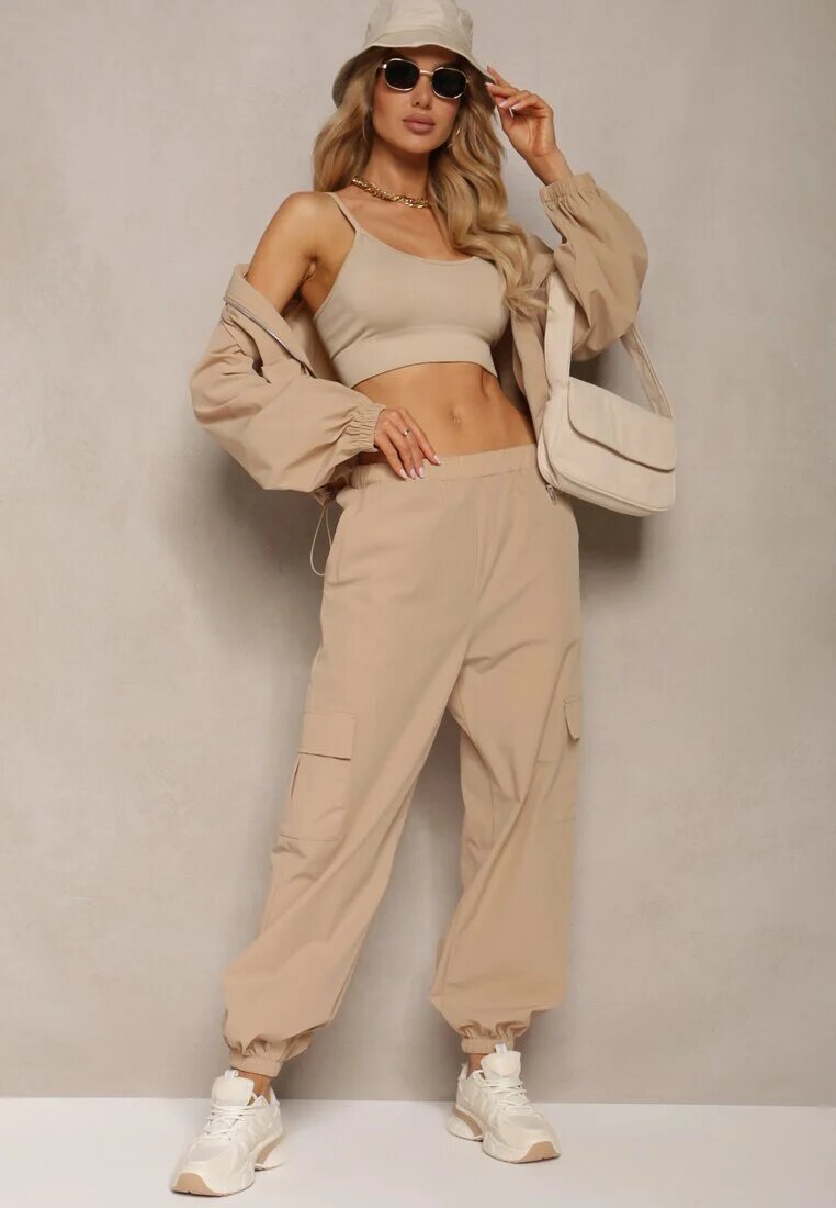  Set de Trening Bej Pantaloni Cargo cu Elastic în Talie și Bluză cu Fermoar cu Tiv Elastic la Bază Tiazena