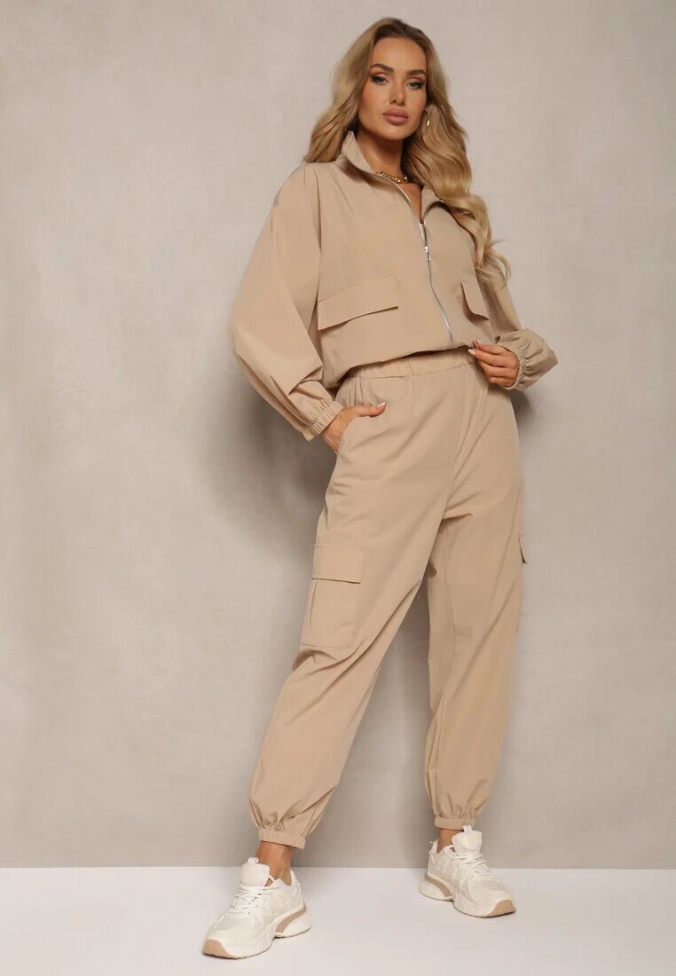 Set de Trening Bej Pantaloni Cargo cu Elastic în Talie și Bluză cu Fermoar cu Tiv Elastic la Bază Tiazena