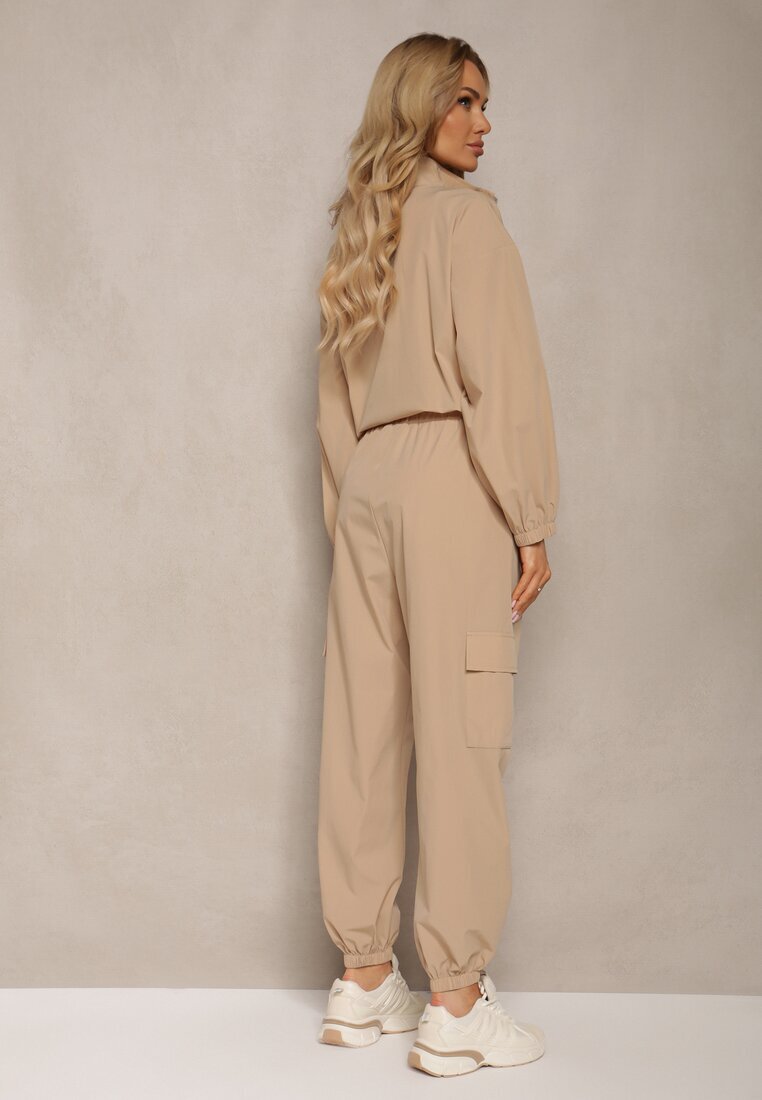  Set de Trening Bej Pantaloni Cargo cu Elastic în Talie și Bluză cu Fermoar cu Tiv Elastic la Bază Tiazena