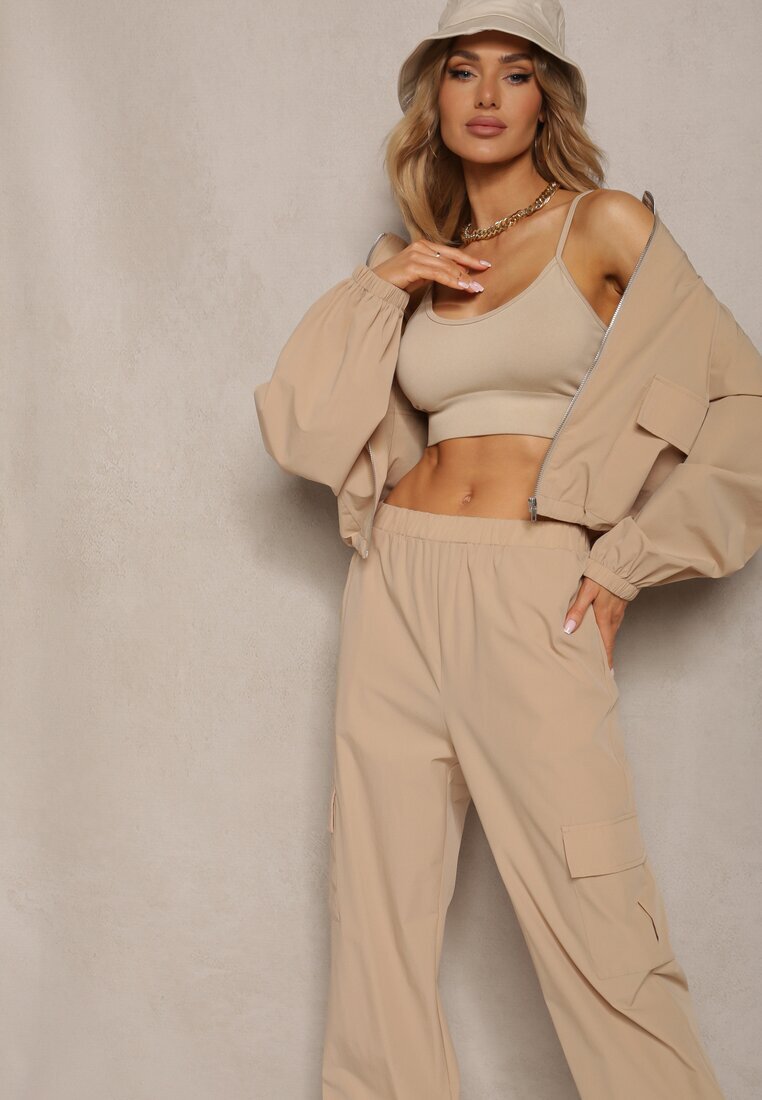  Set de Trening Bej Pantaloni Cargo cu Elastic în Talie și Bluză cu Fermoar cu Tiv Elastic la Bază Tiazena