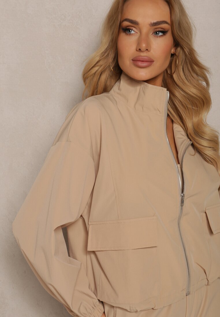  Set de Trening Bej Pantaloni Cargo cu Elastic în Talie și Bluză cu Fermoar cu Tiv Elastic la Bază Tiazena
