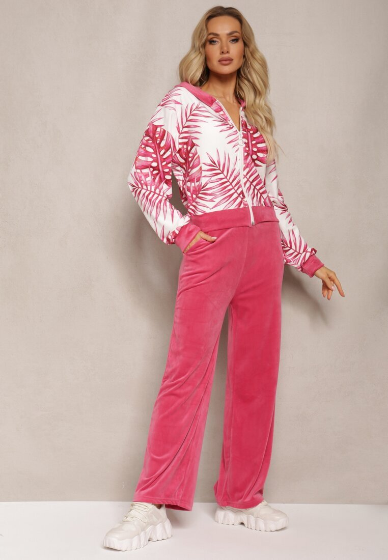  Set de Trening Roz din Velur Bluză cu Glugă și cu Imprimeu Floral și Pantaloni Largi și Lejeri Raiantise