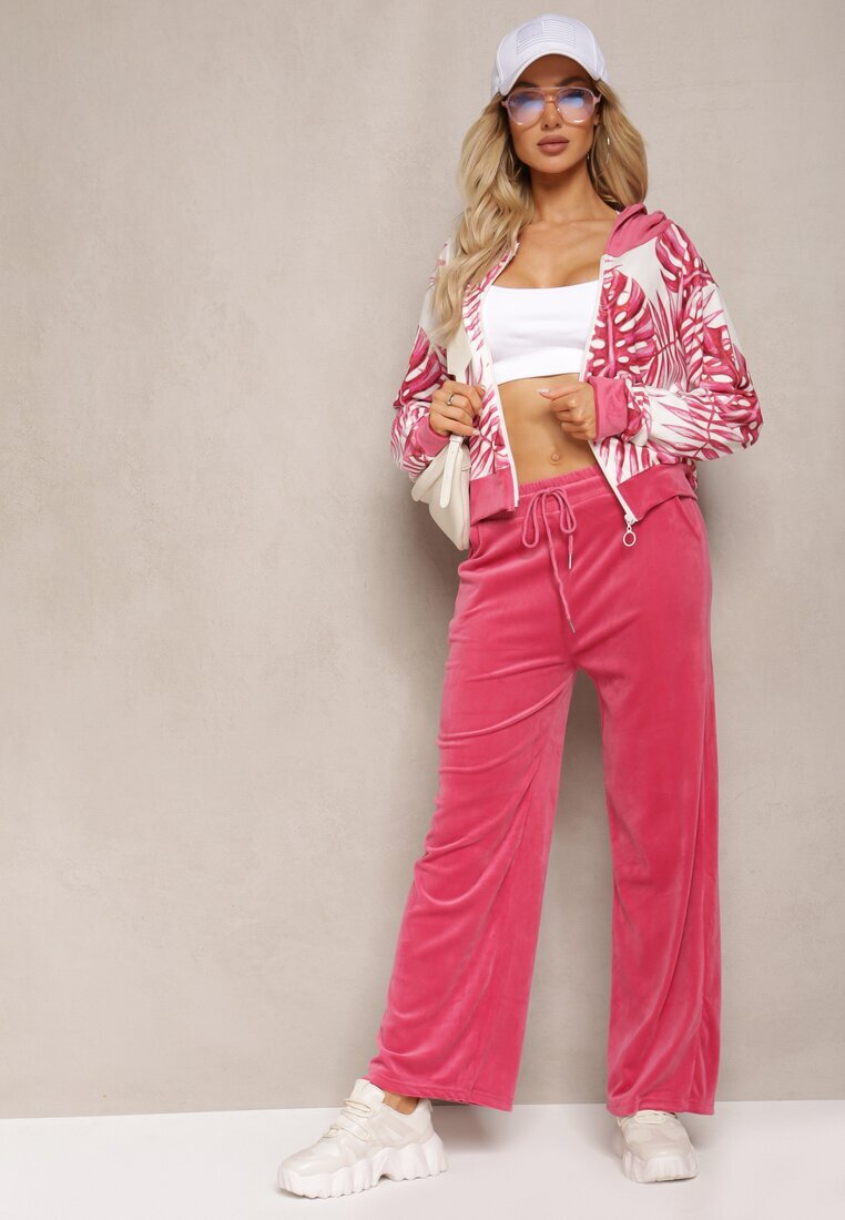  Set de Trening Roz din Velur Bluză cu Glugă și cu Imprimeu Floral și Pantaloni Largi și Lejeri Raiantise