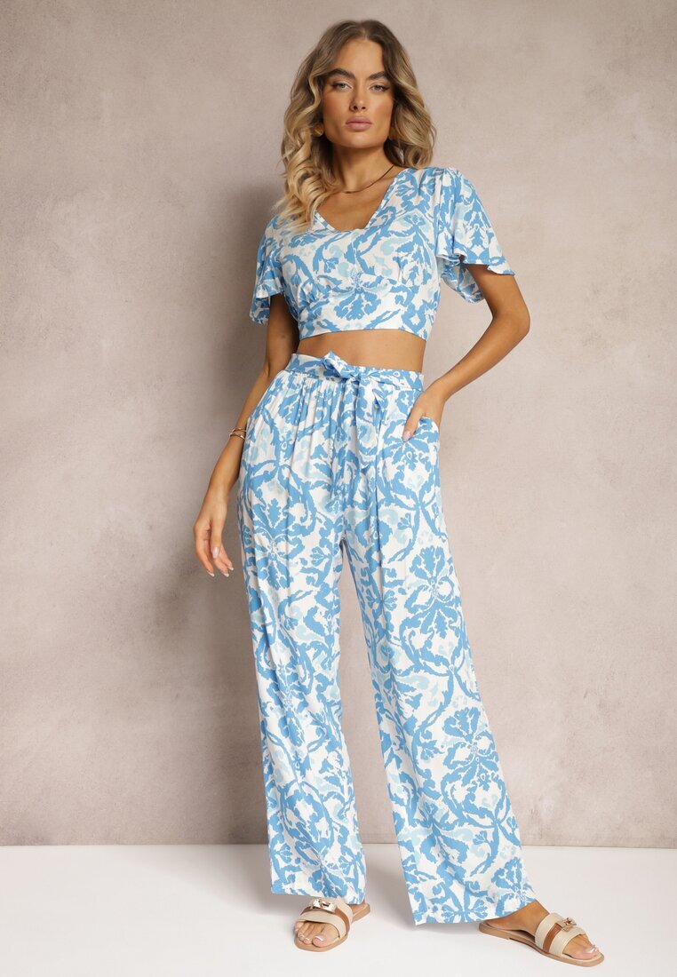  Set de vară Albastru de bumbac Pantaloni cu elastic în talie și Bluză scurtă Pavilia