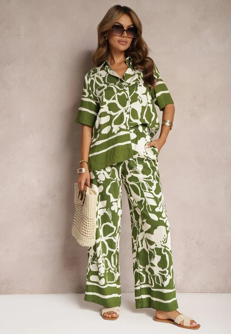  Set de Vară Verde-Bej Cămașă Largă cu Mânecă Scurtă și Pantaloni Largi cu Elastic în Talie Vikiimina