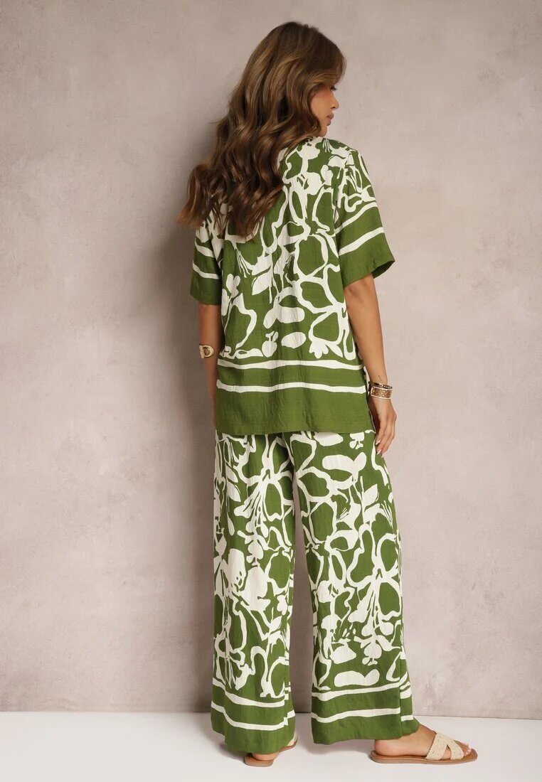  Set de Vară Verde-Bej Cămașă Largă cu Mânecă Scurtă și Pantaloni Largi cu Elastic în Talie Vikiimina