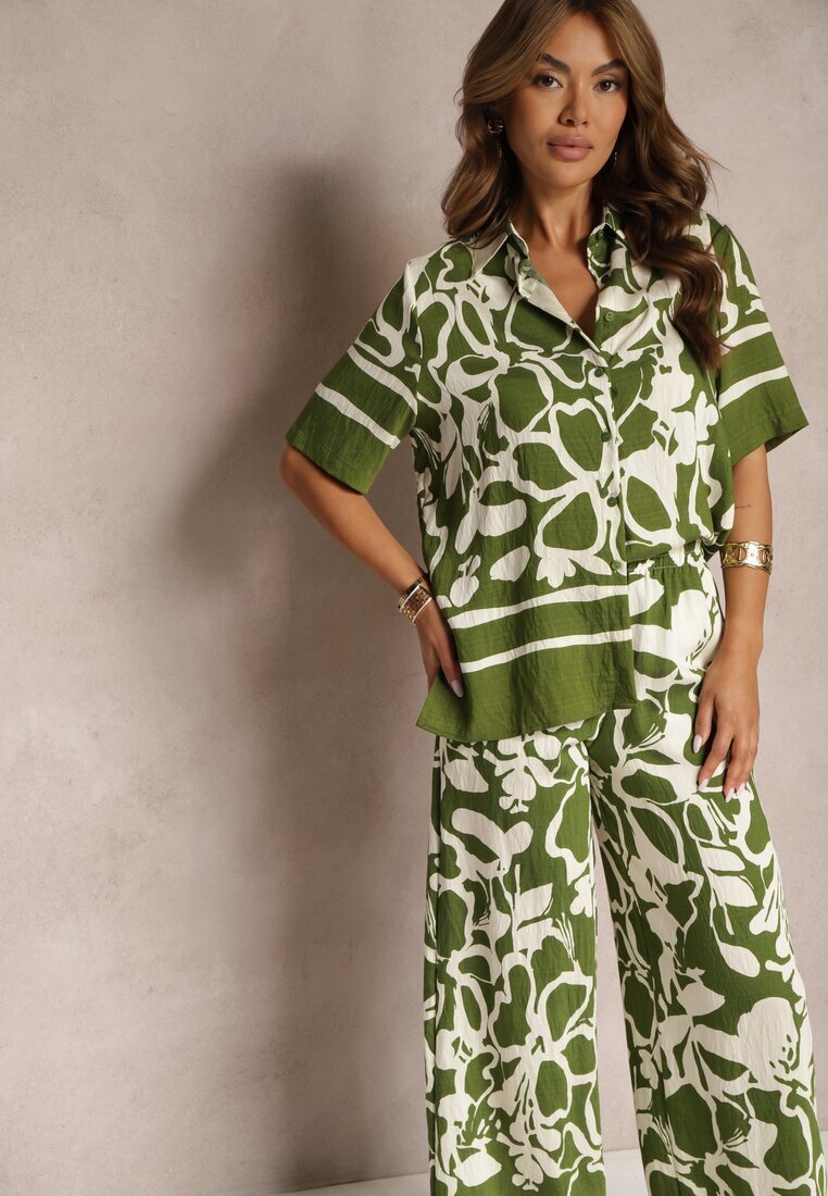  Set de Vară Verde-Bej Cămașă Largă cu Mânecă Scurtă și Pantaloni Largi cu Elastic în Talie Vikiimina