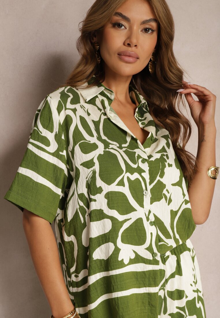  Set de Vară Verde-Bej Cămașă Largă cu Mânecă Scurtă și Pantaloni Largi cu Elastic în Talie Vikiimina