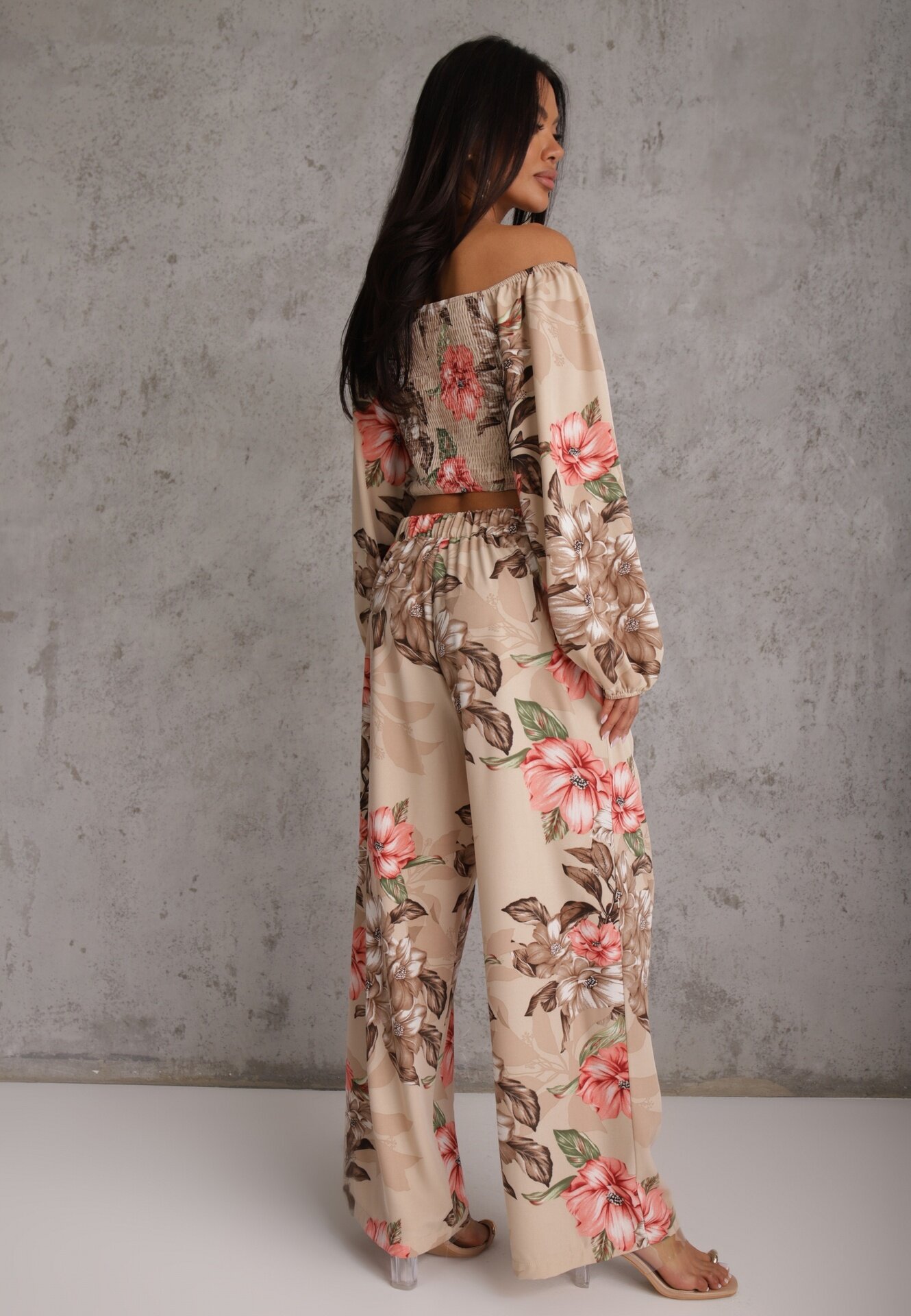  Set din 2 piese bej Bluză cu mânecă lungă Pantaloni largi cu elastic în talie cu imprimeu floral Calaq