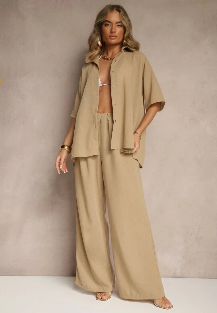  Set din 2 piese Bej închis Cămașă cu mânecă scurtă Pantaloni cu elastic în talie Vimacia