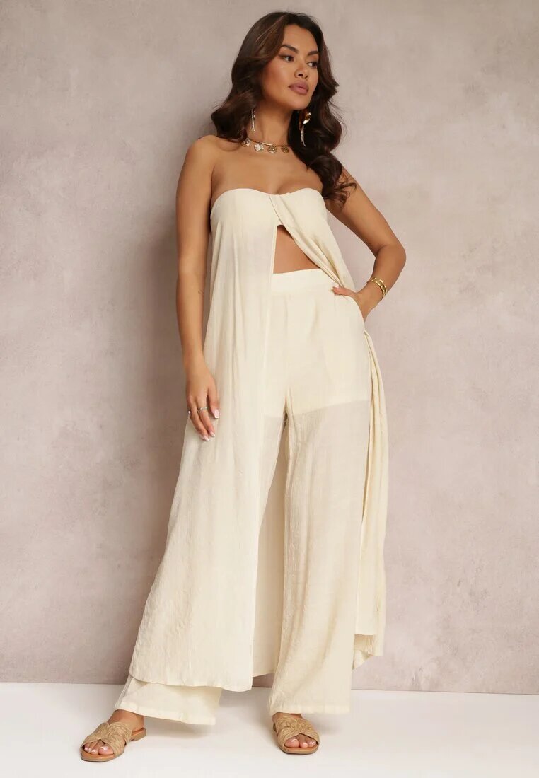  Set din 2 piese Bej Top Lung și Pantaloni cu elastic în talie și cu picioare largi Bincina