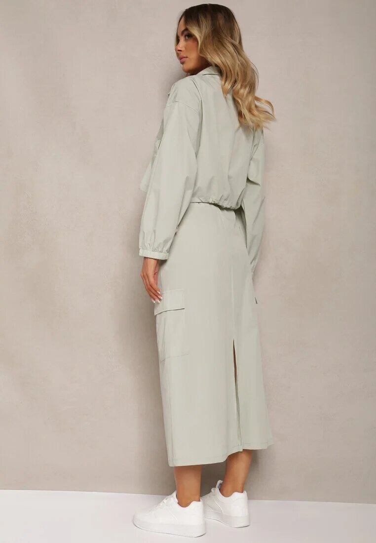  Set din 2 piese Casual Verde mentă Bluză cu fermoar și Fustă cu buzunare cu clapetă Lennira