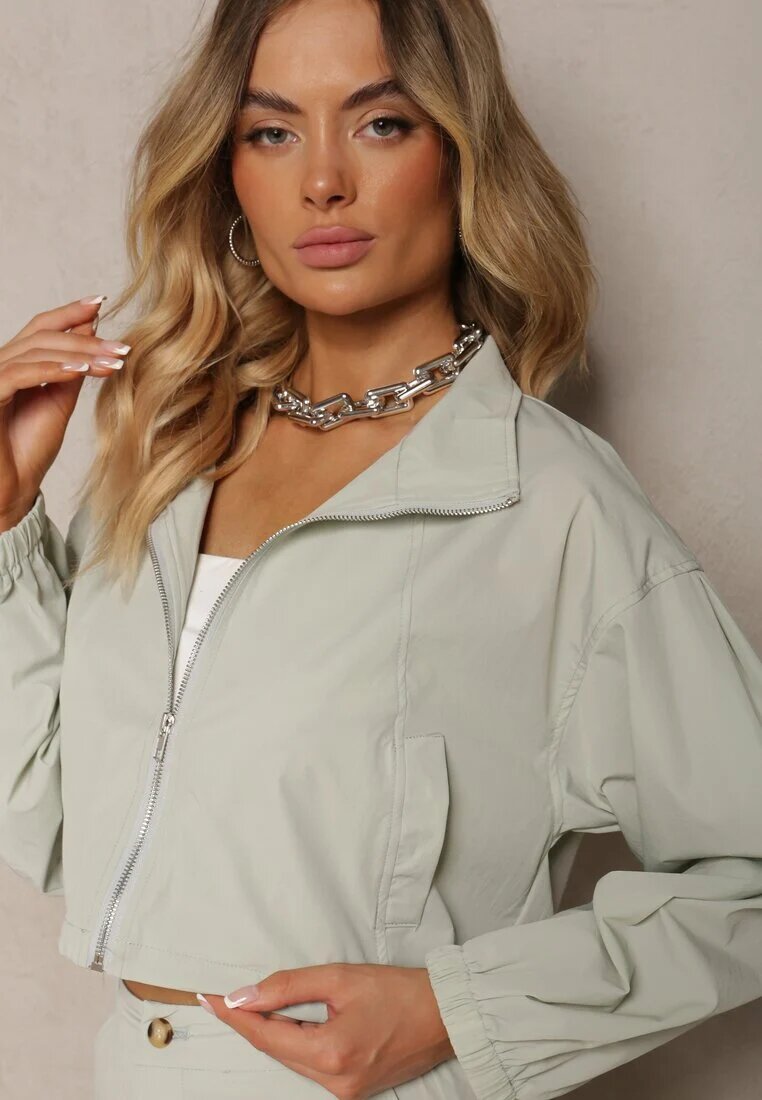  Set din 2 piese Casual Verde mentă Bluză cu fermoar și Fustă cu buzunare cu clapetă Lennira