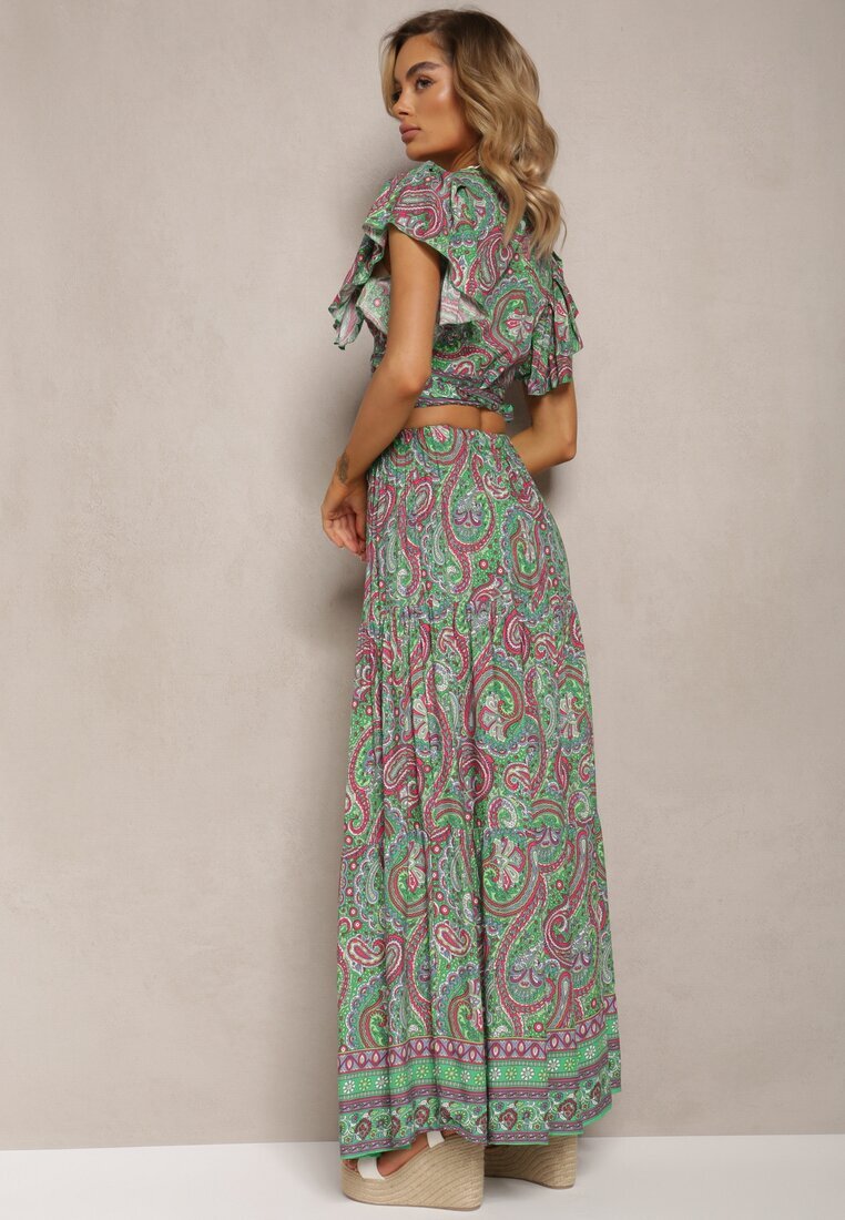  Set din 2 piese de viscoză Verde cu imprimeu Paisley Fustă lungă și Top petrecut Aeodosia