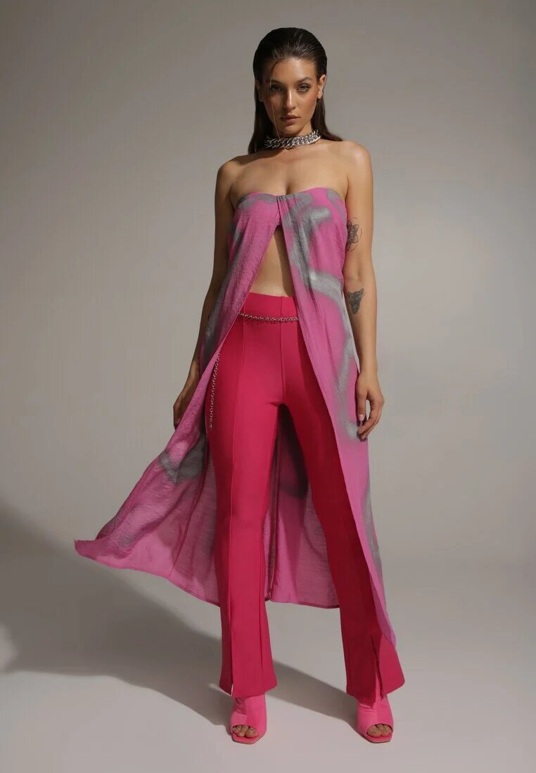  Set din 2 piese Roz Top lung și Pantaloni cu elastic în talie și picior larg Bincina