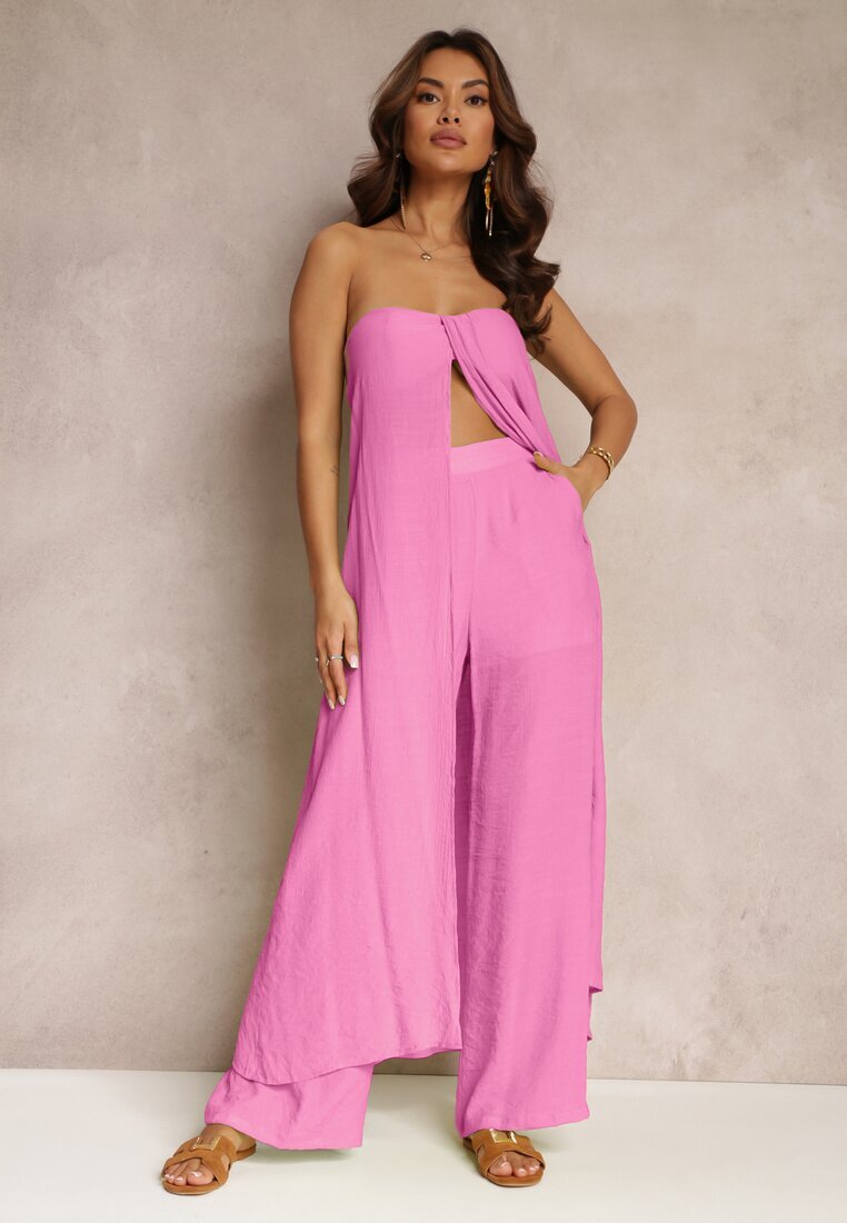 Set din 2 piese Roz Top lung și Pantaloni cu elastic în talie și picior larg Bincina