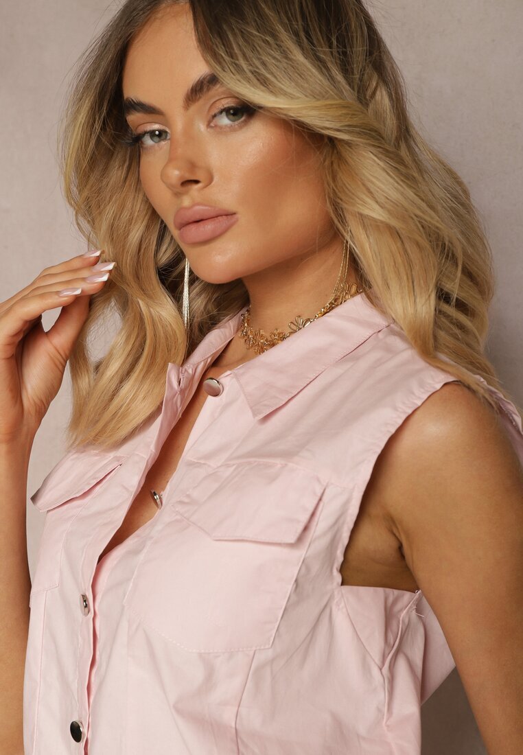  Set din bumbac roz deschis Bluză tip cămașă cu nasturi și Pantaloni scurți cu croială lejeră și elastic în talie Nestasue