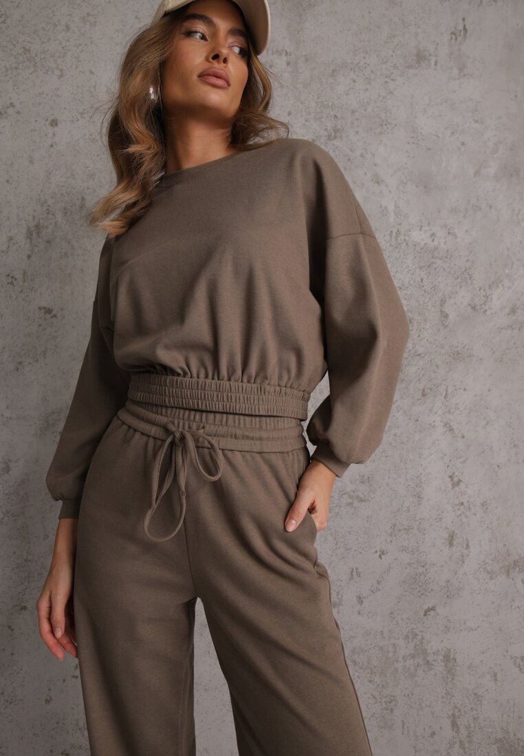  Set Din bumbac Verde închis Bluză scurtă cu elastic și Pantaloni largi cu șnur în talie Rionnea