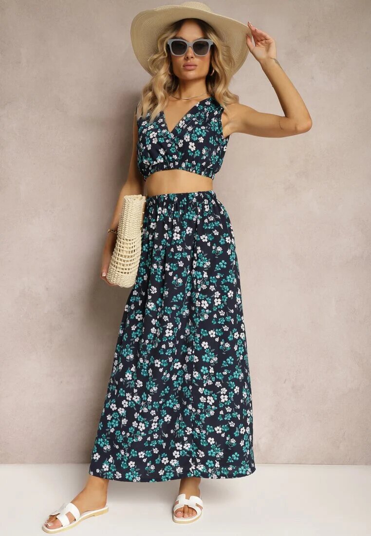  Set din două piese Bleumarin-Verde Top fără mâneci Fustă cu elastic în talie cu flori Dimanisa