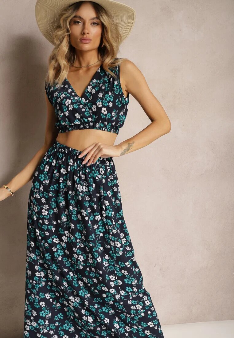  Set din două piese Bleumarin-Verde Top fără mâneci Fustă cu elastic în talie cu flori Dimanisa