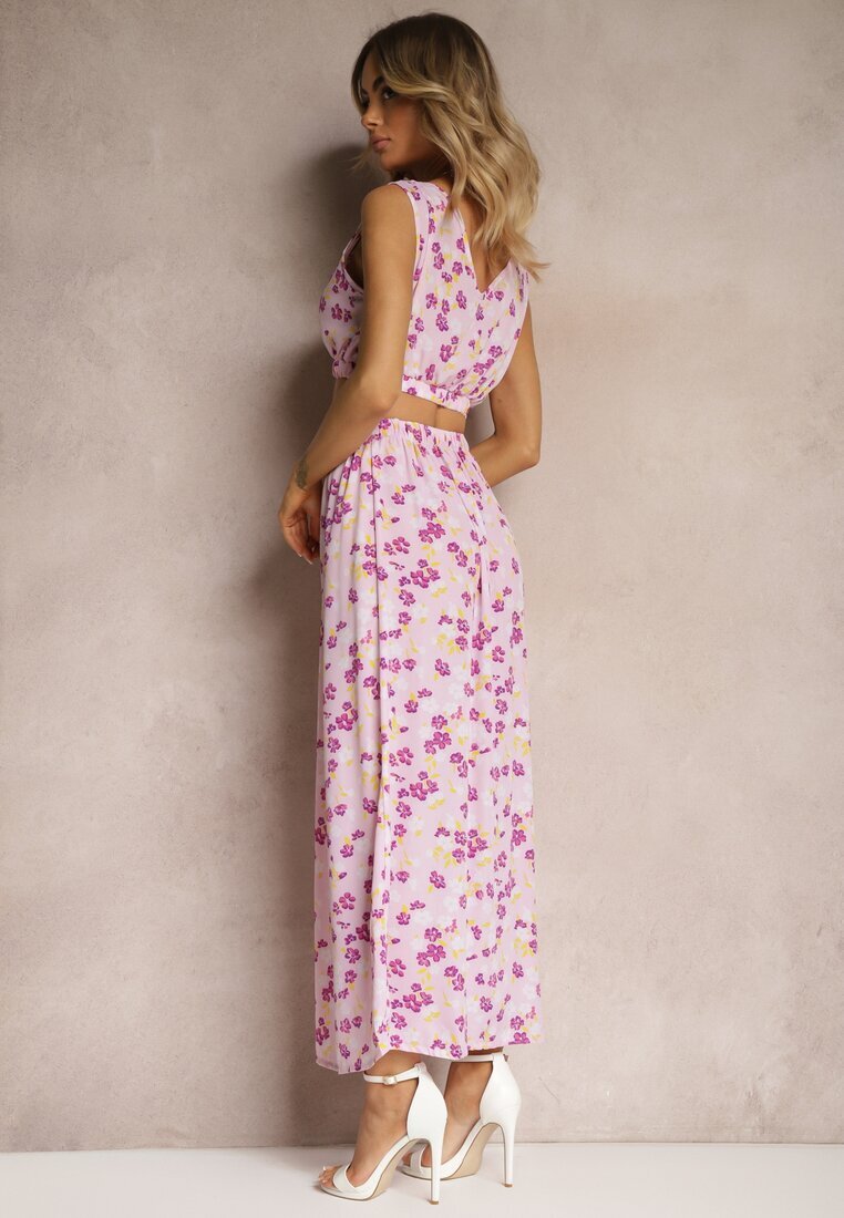  Set din două piese roz Top fără mâneci Fustă cu elastic în talie cu flori Dimanisa