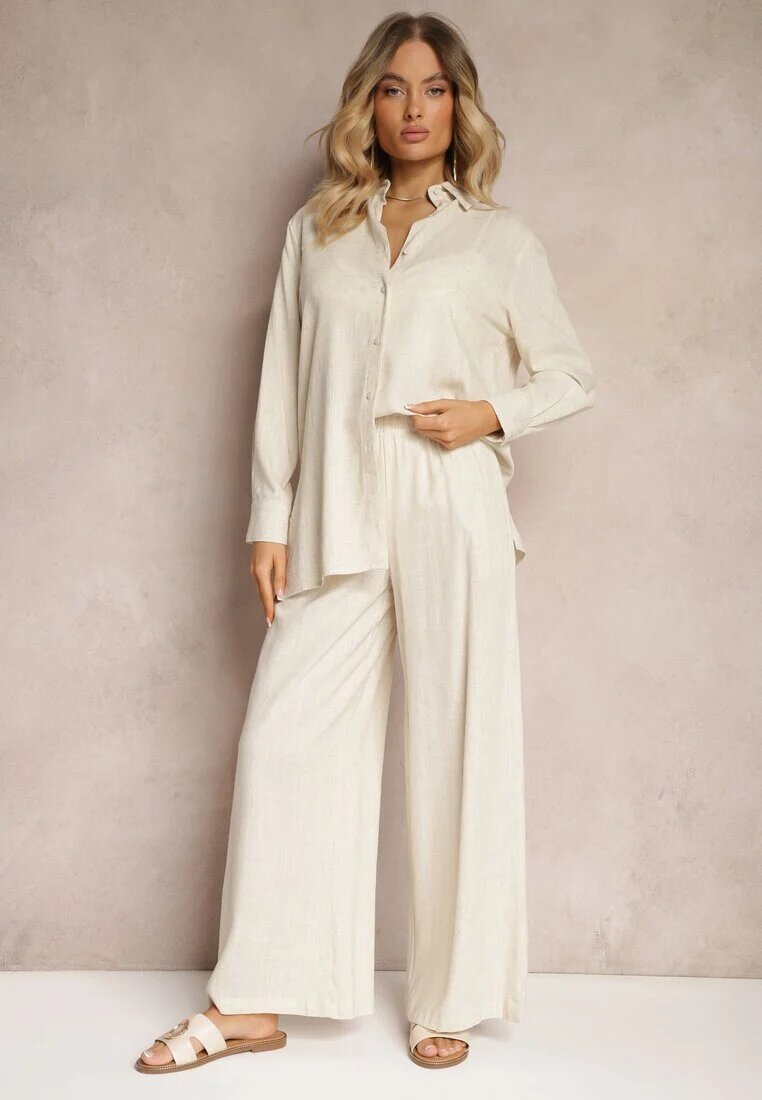  Set din viscoză bej deschis Pantaloni cu picioare largi și cu elastic în talie Cămașă cu nasturi Tinamars