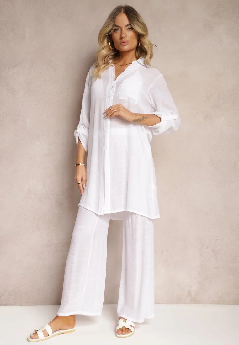  Set Două Piese Alb Cămașă cu Mânecă 3/4 și Pantaloni cu Elastic în Talie și Șliț Oeviana
