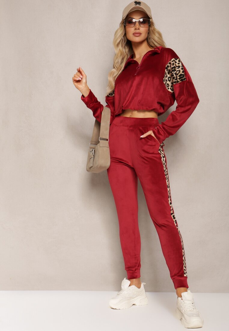  Set Dres bordo din Velur cu Bluză Scurtă și Pantaloni Jogger cu Imprimeu Leopard Limitta