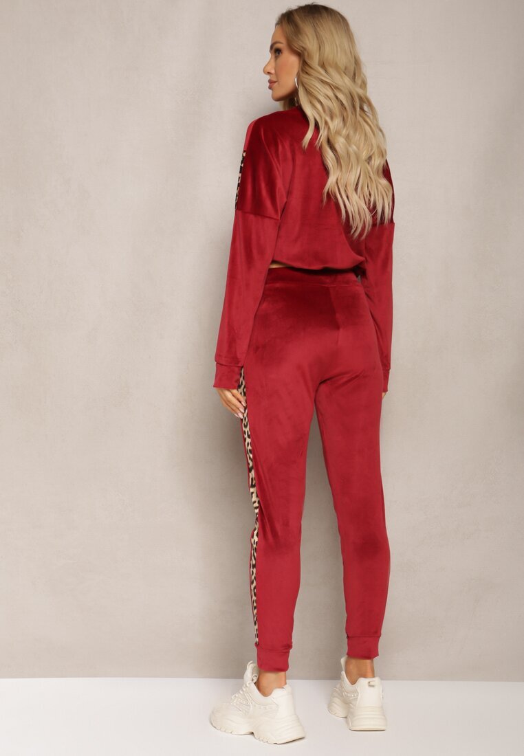  Set Dres bordo din Velur cu Bluză Scurtă și Pantaloni Jogger cu Imprimeu Leopard Limitta