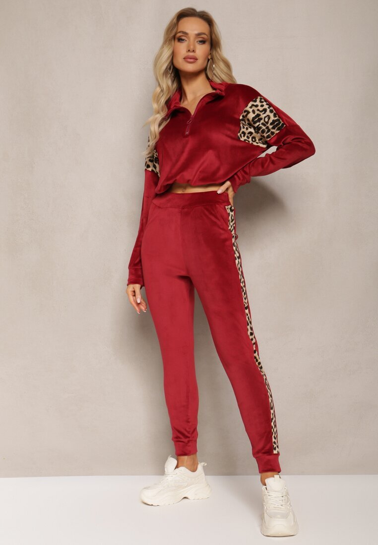  Set Dres bordo din Velur cu Bluză Scurtă și Pantaloni Jogger cu Imprimeu Leopard Limitta