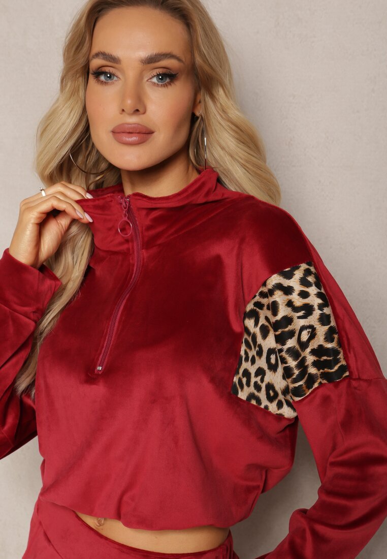  Set Dres bordo din Velur cu Bluză Scurtă și Pantaloni Jogger cu Imprimeu Leopard Limitta