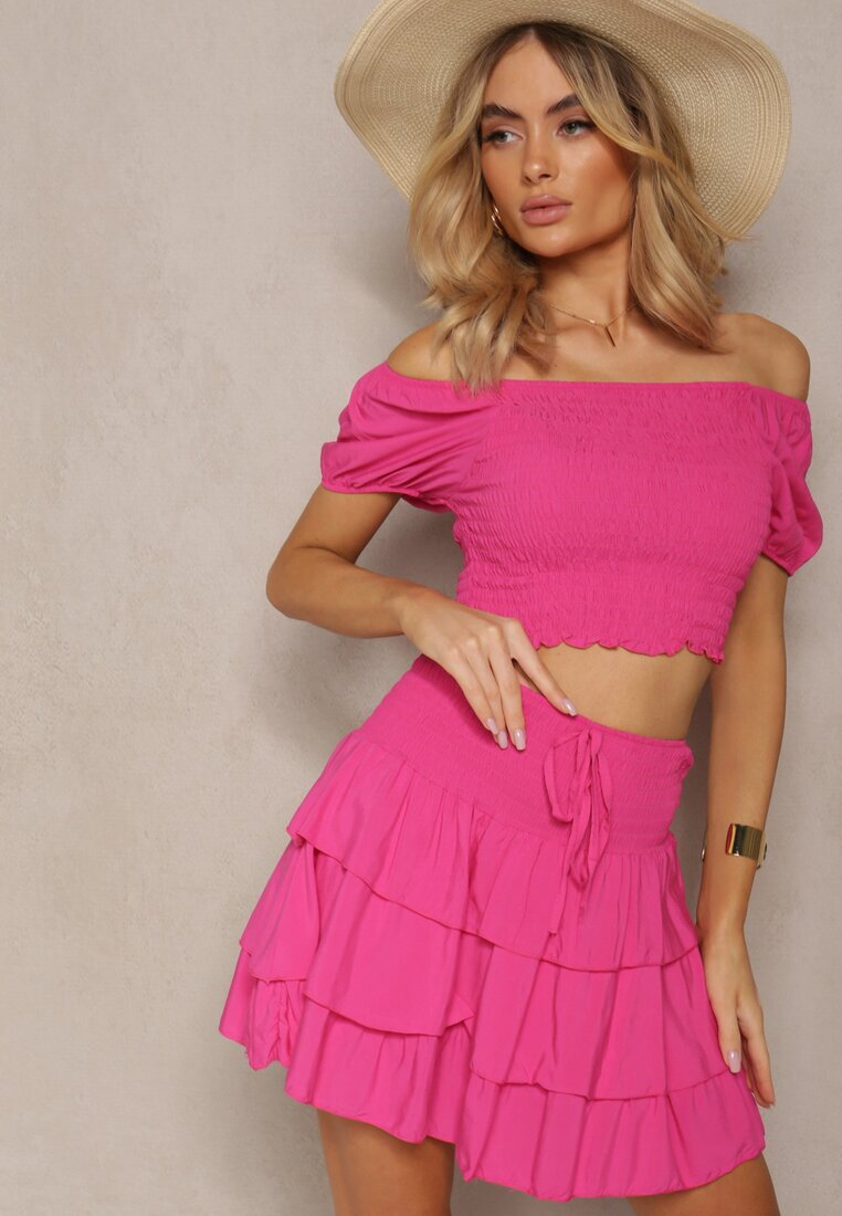  Set Fuchsia din bumbac Fustă Scurtă cu volane și Bluză cu decolteu spaniol Scriba