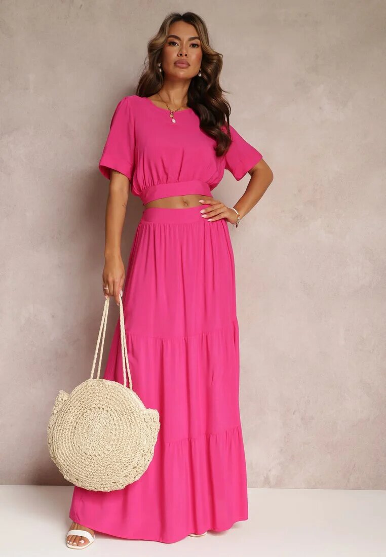  Set Fuchsia din Vâscoză 2 piese Top și Fustă cu Volane Jakki