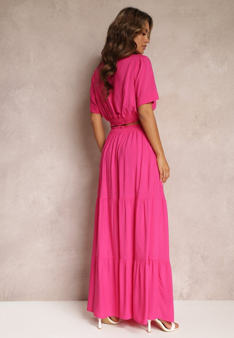  Set Fuchsia din Vâscoză 2 piese Top și Fustă cu Volane Jakki