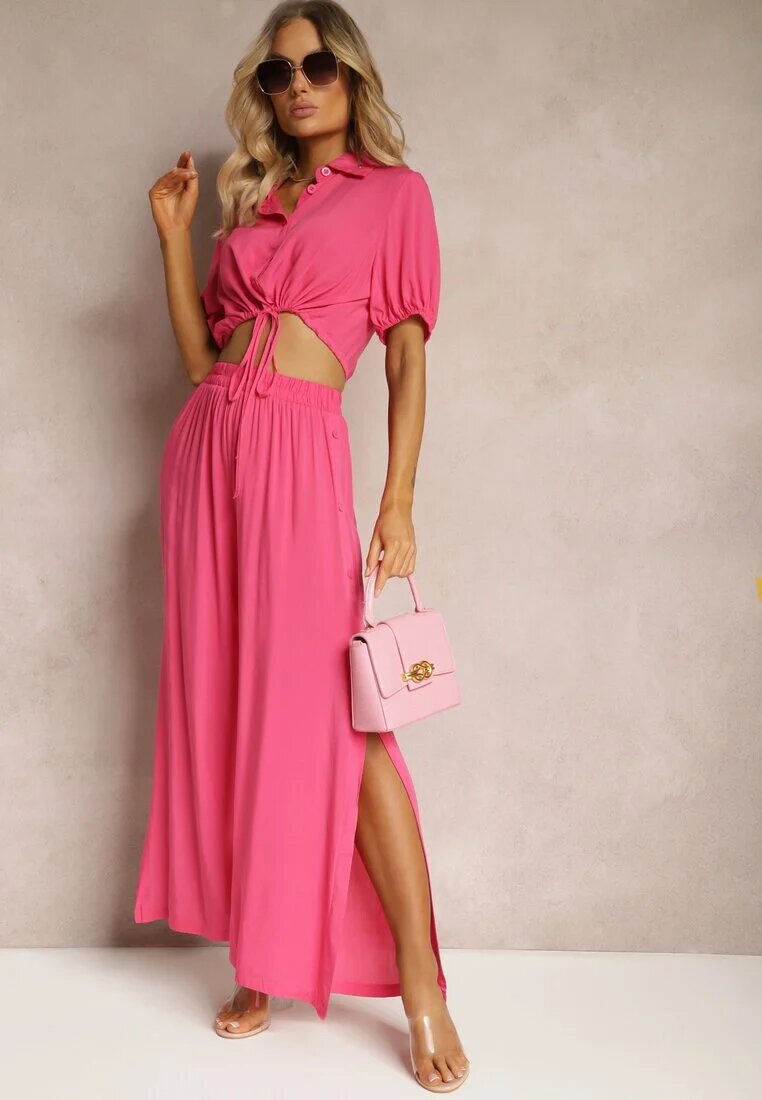  Set Fucsia din Bumbac Stil Utility Cămașă și Pantaloni Largi Veola
