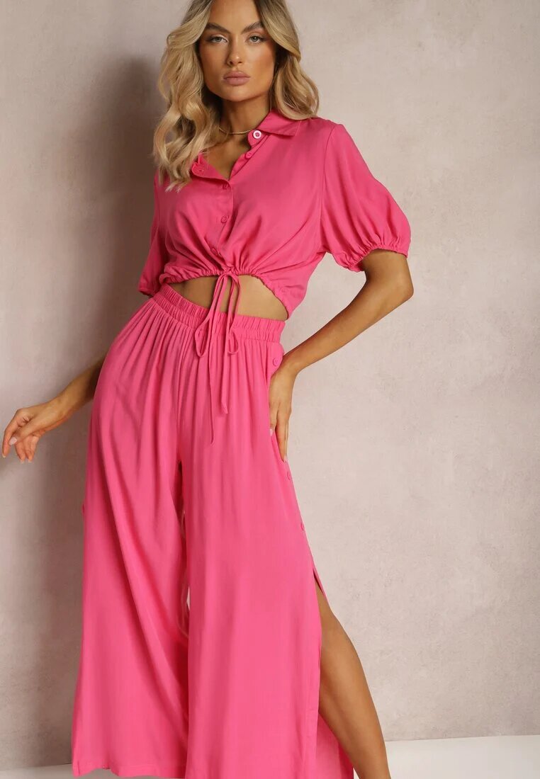  Set Fucsia din Bumbac Stil Utility Cămașă și Pantaloni Largi Veola