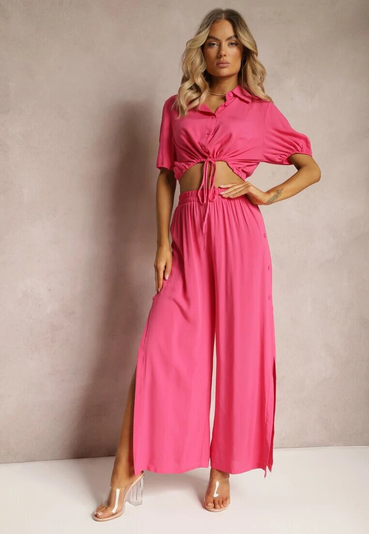  Set Fucsia din Bumbac Stil Utility Cămașă și Pantaloni Largi Veola
