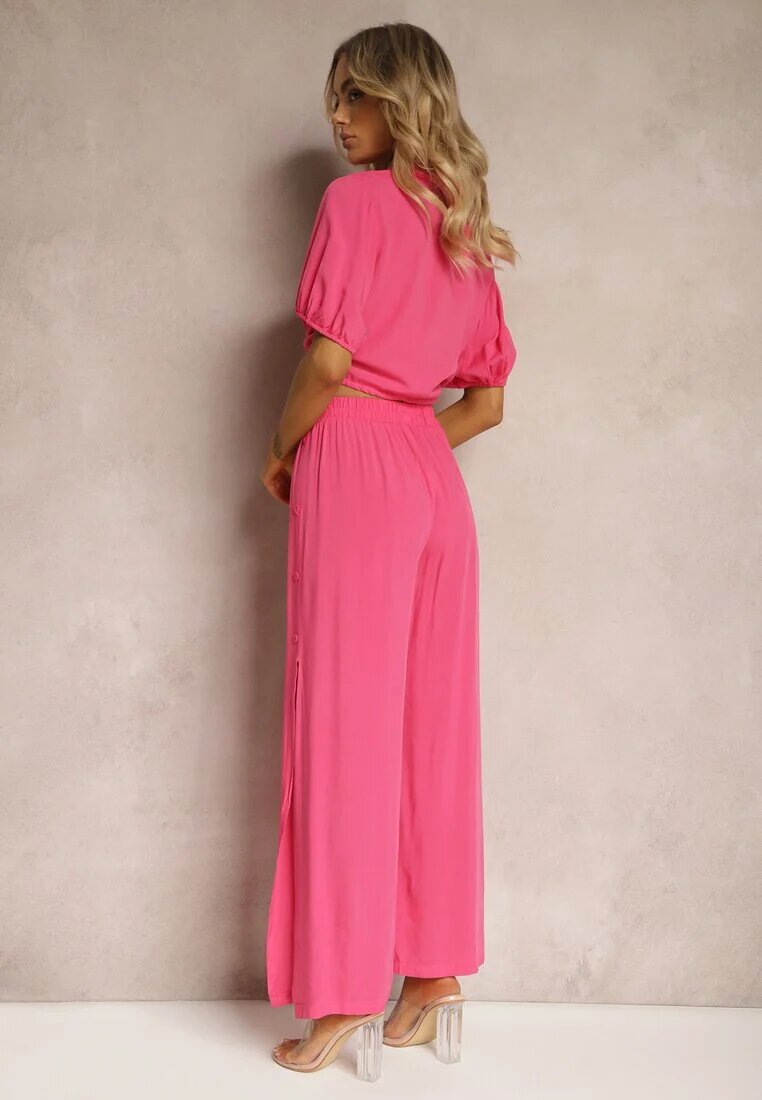  Set Fucsia din Bumbac Stil Utility Cămașă și Pantaloni Largi Veola