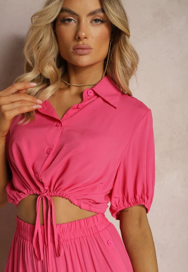  Set Fucsia din Bumbac Stil Utility Cămașă și Pantaloni Largi Veola