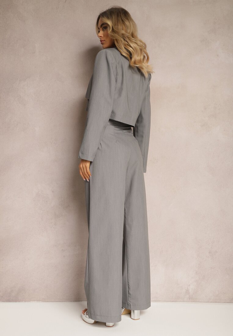  Set Gri De Costum Sacou Cropped și Pantaloni Largi Mairilee