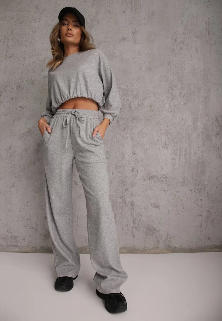  Set Gri Din bumbac Bluză scurtă cu elastic la bază și Pantaloni largi cu șnur în talie Rionnea