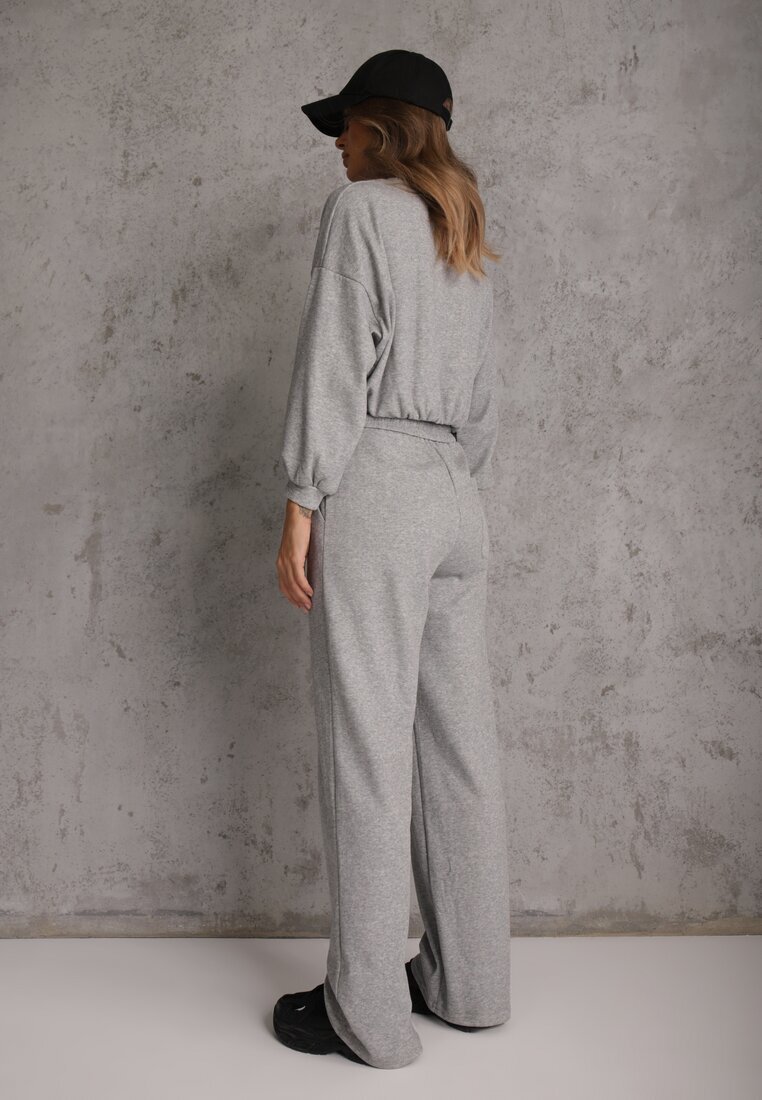  Set Gri Din bumbac Bluză scurtă cu elastic la bază și Pantaloni largi cu șnur în talie Rionnea