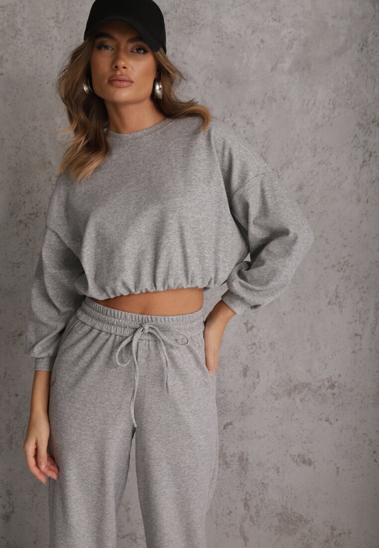  Set Gri Din bumbac Bluză scurtă cu elastic la bază și Pantaloni largi cu șnur în talie Rionnea