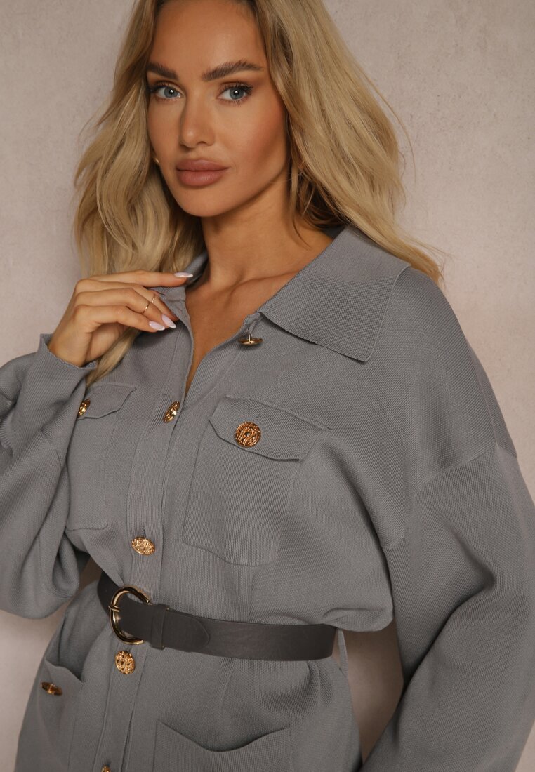  Set Gri din Vâscoză Pantaloni cu Croială Largă Cardigan cu Nasturi Decorativi și Curea Creona
