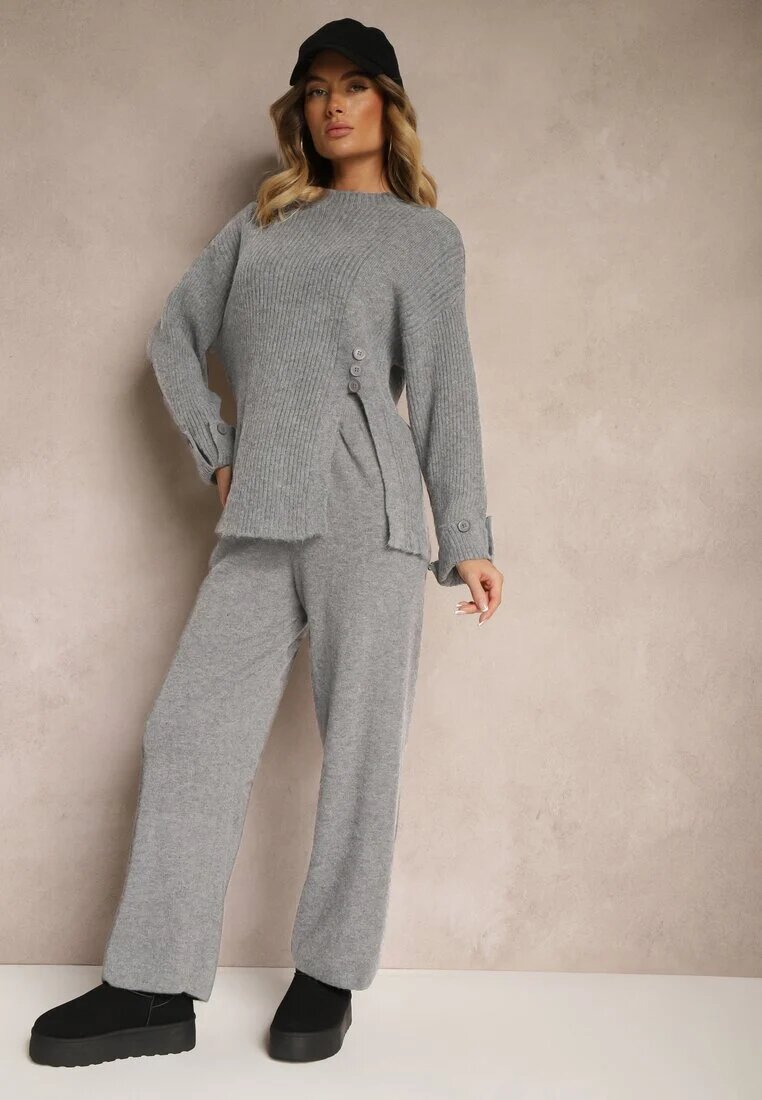  Set Gri închis cu Lână și Bumbac Pantaloni largi Pulover cu nasturi și despicătură Sialwen
