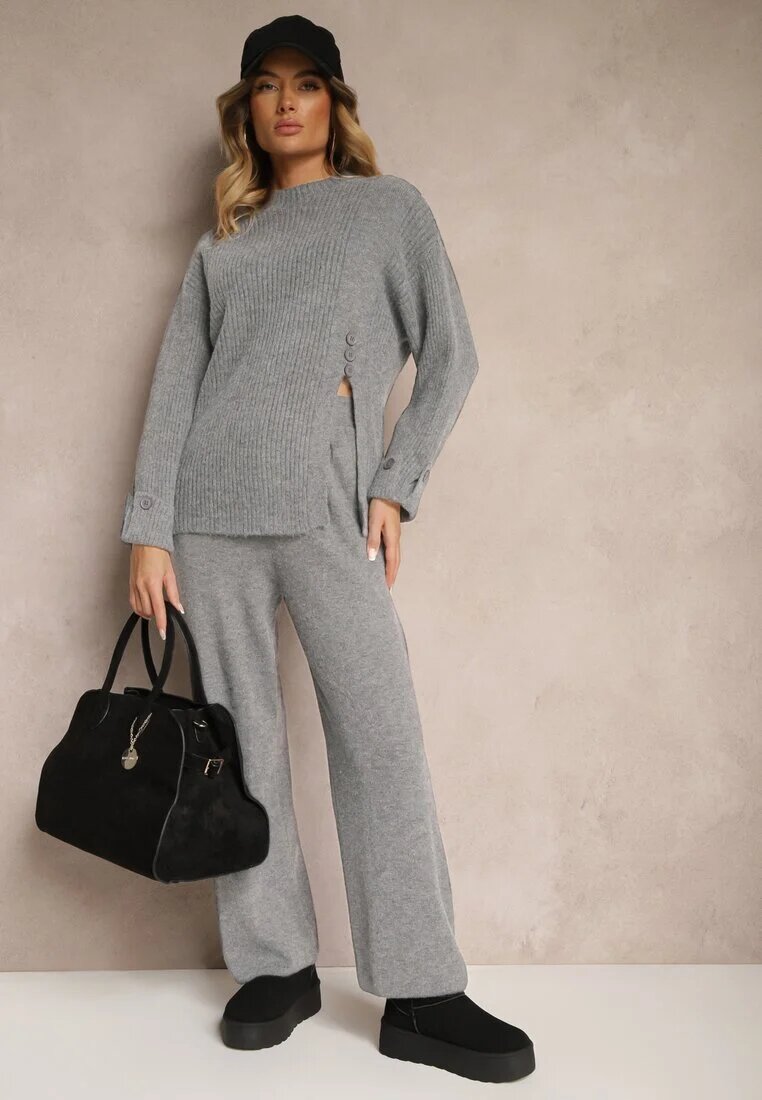  Set Gri închis cu Lână și Bumbac Pantaloni largi Pulover cu nasturi și despicătură Sialwen
