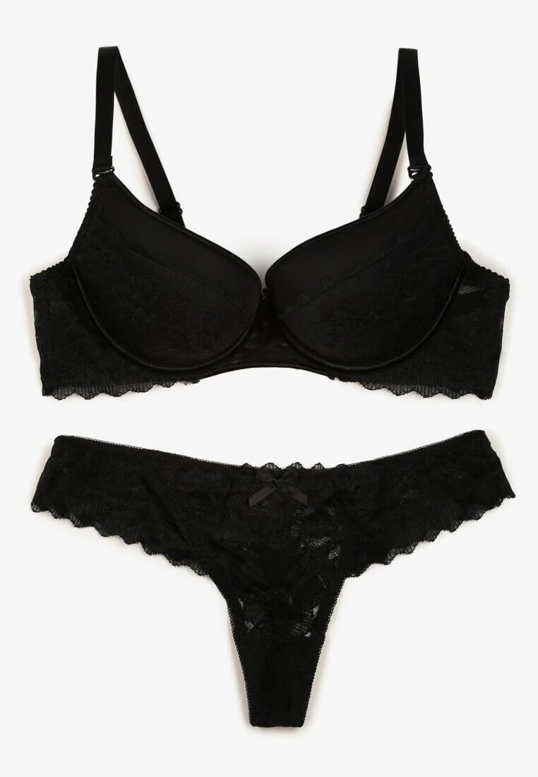  Set Lenjerie Dantelat Negru Sutien Întărit Push Up și Tanga Jasminesa